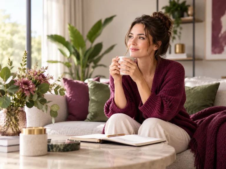 Vrouw geniet thuis van een rustig moment met koffie en inspiratie. Vrouwen Direct