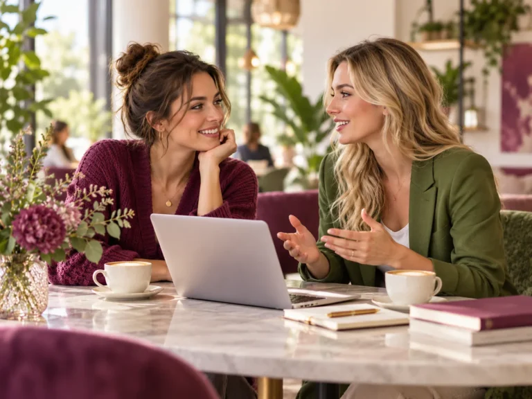 Twee vrouwen bespreken ideeën met laptop en koffie in een stijlvolle omgeving. Vrouwen Direct