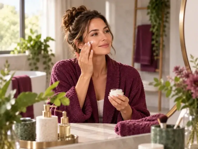 Vrouw verzorgt haar huid in een lichte en moderne badkamer.