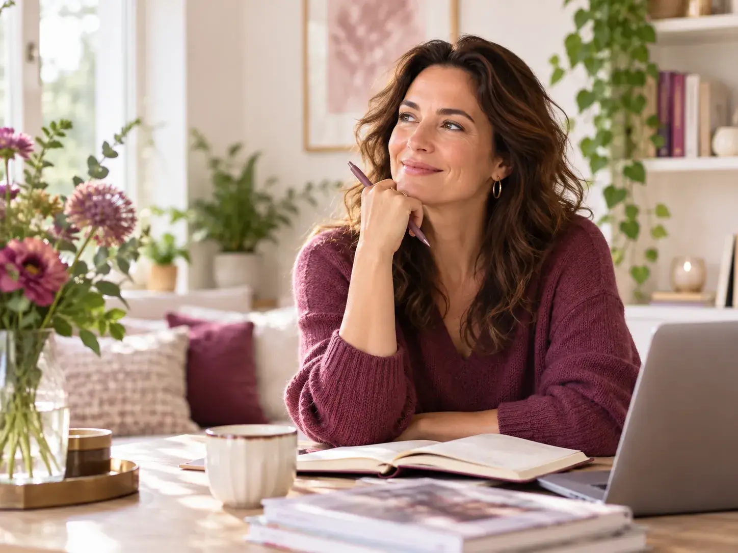 Vrouw zit nadenkend aan tafel met notitieboek en laptop in een rustige, sfeervolle omgeving.