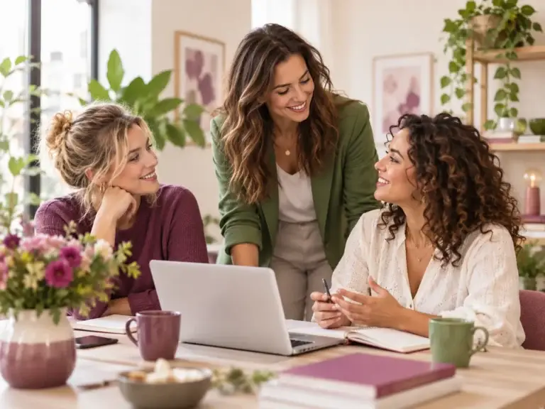 Drie vrouwen werken samen rond een tafel in een warme, inspirerende lifestyle setting.