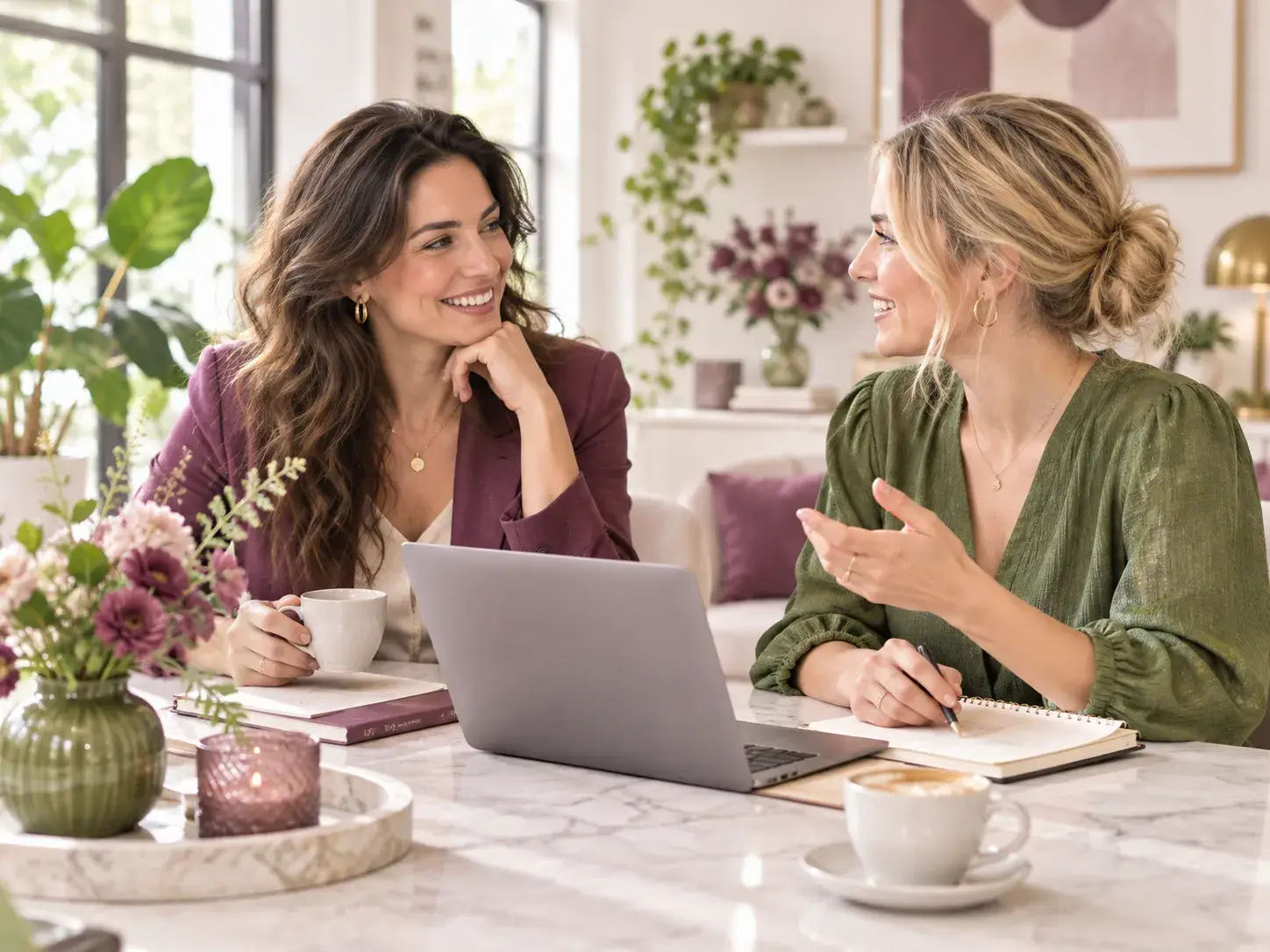 Twee vrouwen bespreken een samenwerking met laptop en notitieboek in een lichte, stijlvolle omgeving. Partners