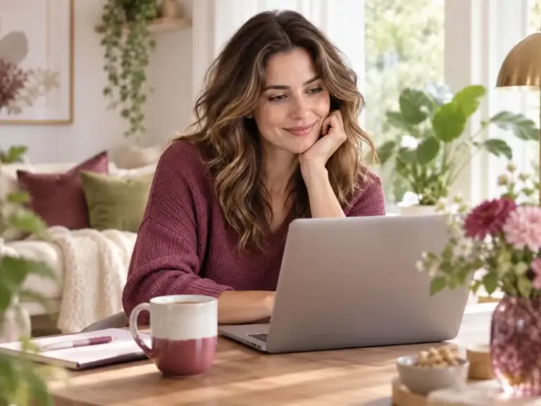 Vrouw bekijkt ontspannen informatie op haar laptop in een warme, stijlvolle thuisomgeving. Faq