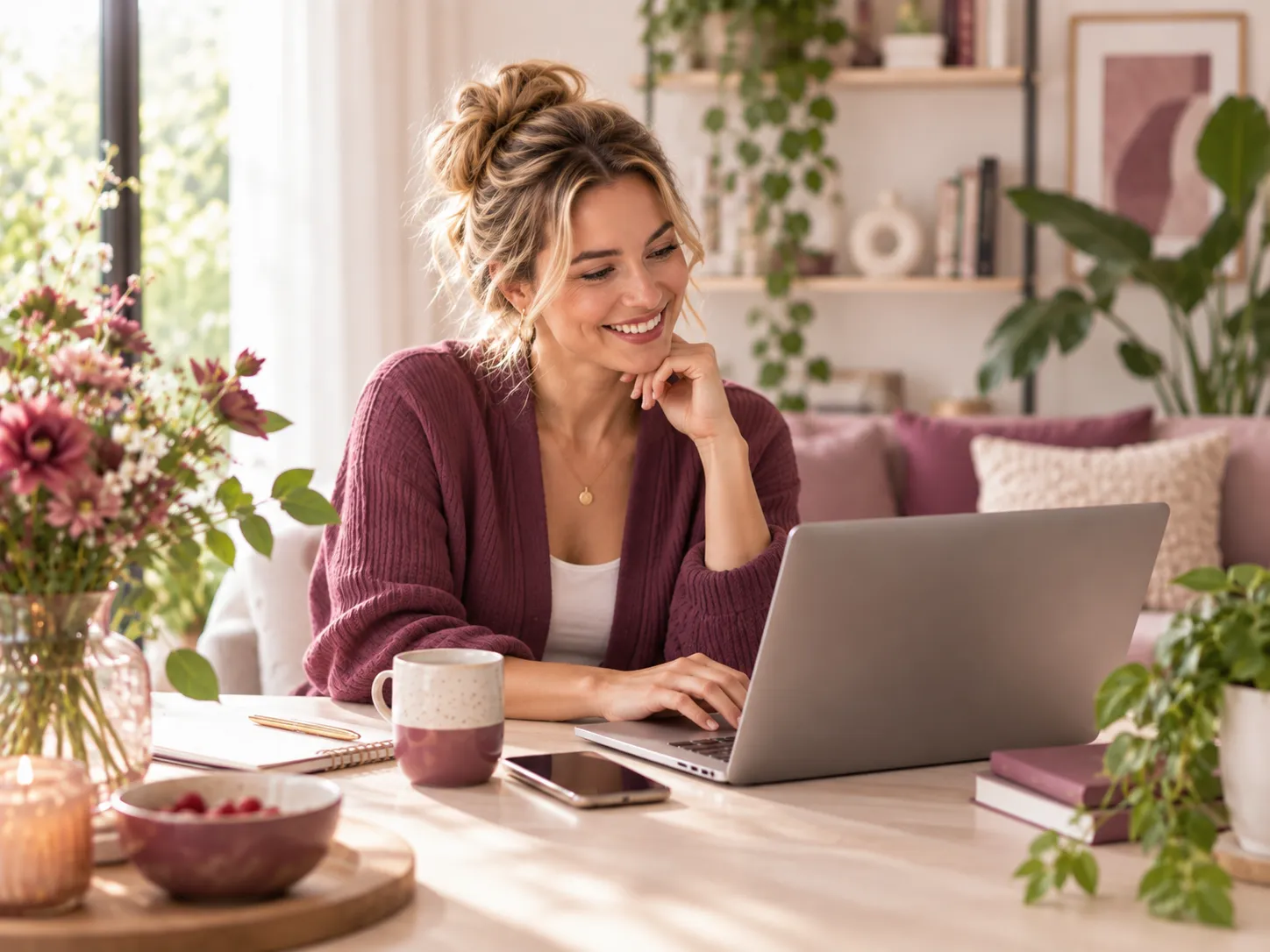 Vrouw werkt aan haar laptop en neemt deel aan het platform van Vrouwen Direct.