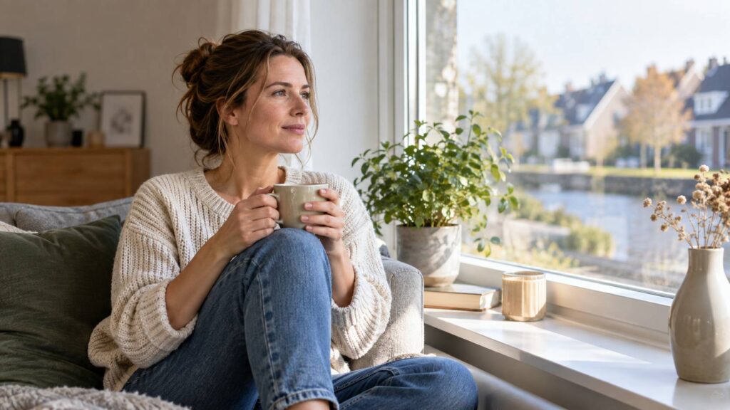 Mentale gezondheid vrouwen met een rustig moment thuis